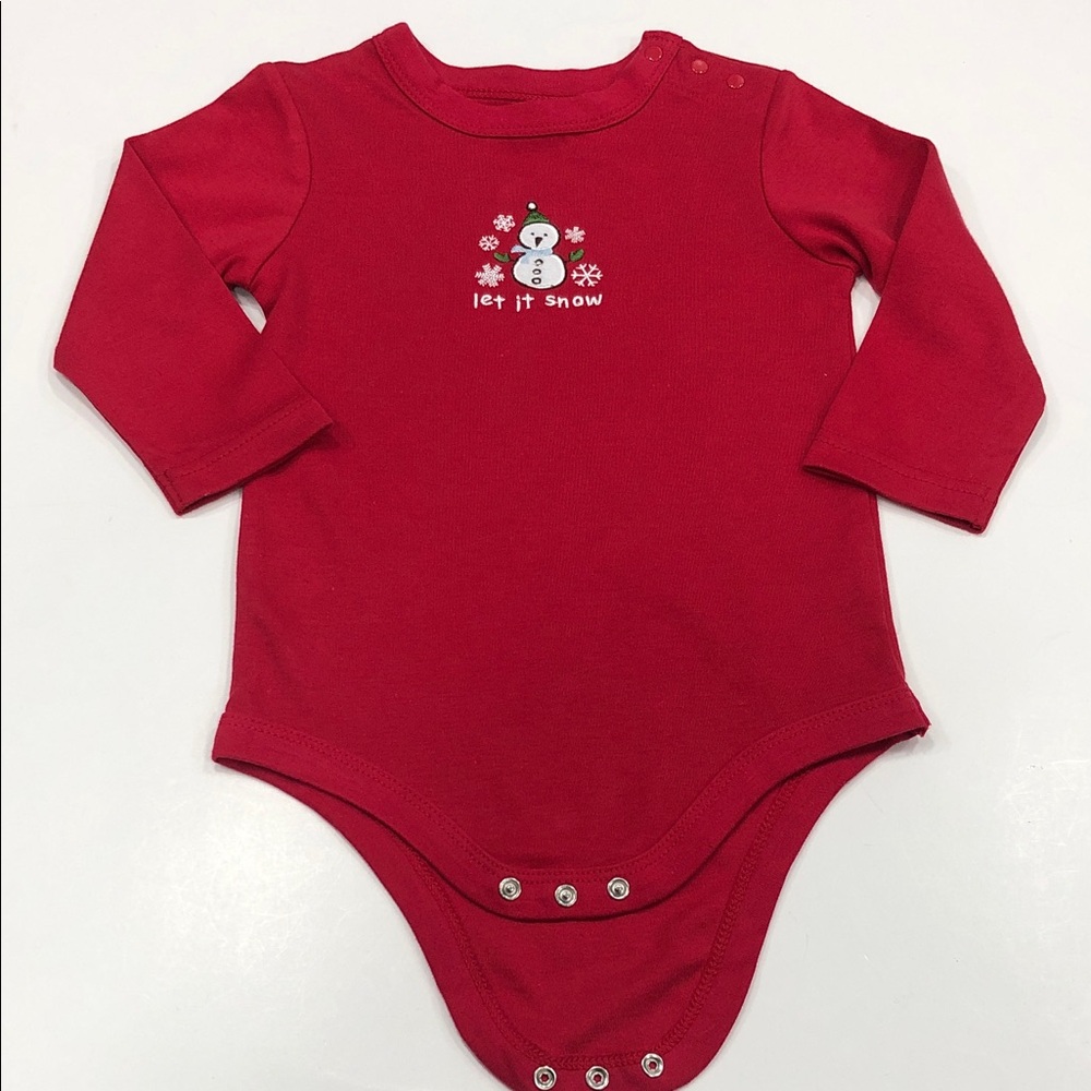 ☃️Cherokee Baby Long-Sleeve Bodysuit – Size 12–18 Months – Red – Let It Snow ❄️